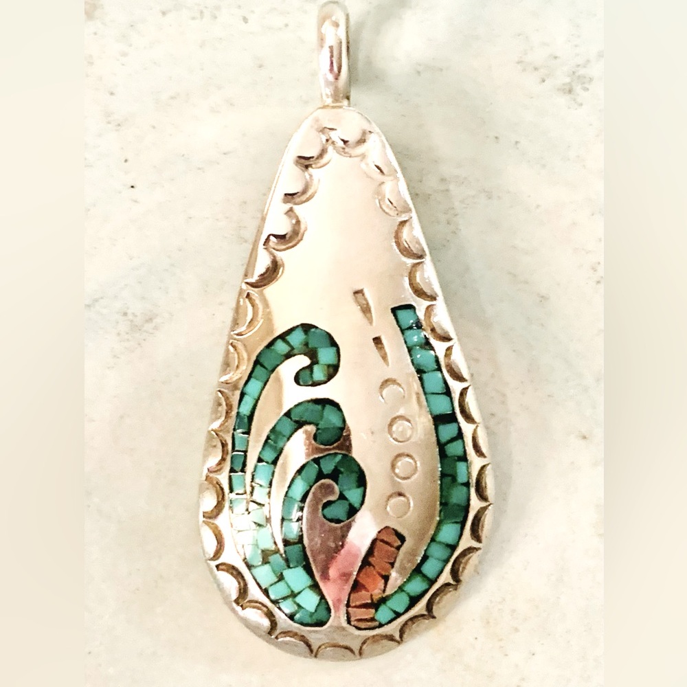 Turquoise and Coral Inlayed Pendant. Sterling silver. 1.5” long and 1” wide